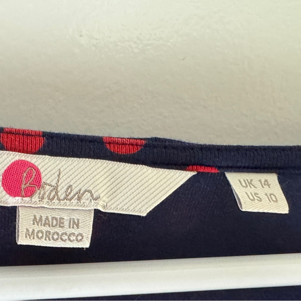 Boden Red and Navy Polka Dot Puff Sleeve Faux Wrap Blouse - Picture 6 of 7